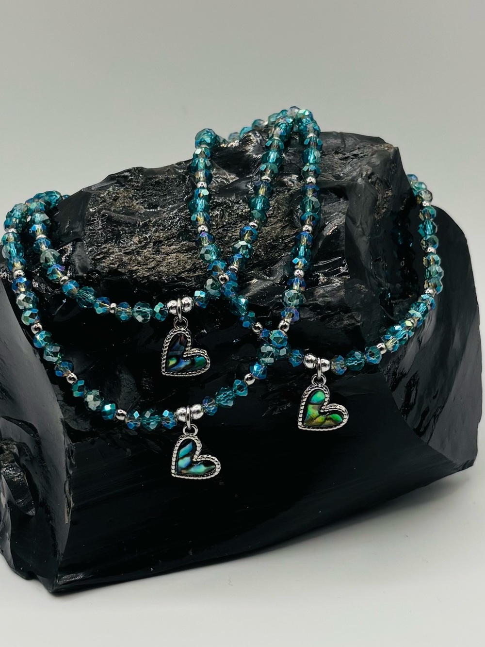 *ANKLET* S.Steel Abalone Heart & Blue Green Crystal Glass Stretchy Anklet